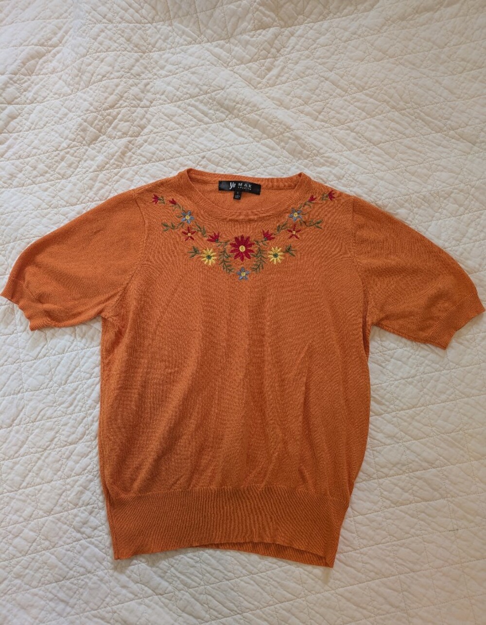 Orange Knit Top with Floral Embroidery
